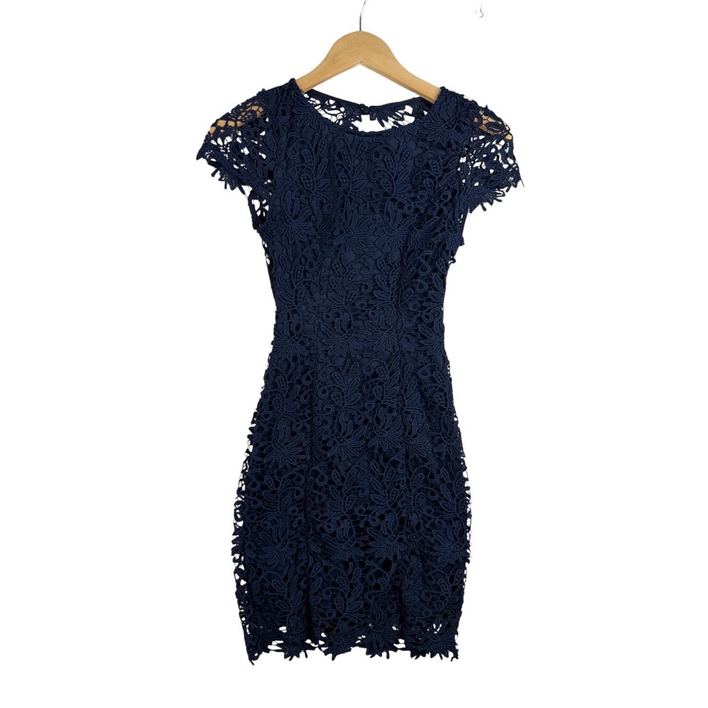 Lulus Womens Navy Blue Backless Lace Navy Lace Mini Dress Size XS Cap Sleeve